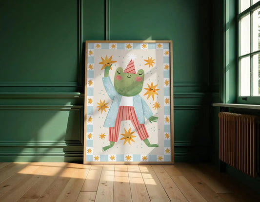 Frog With Stars Kids' Room Art Print, Colorful Unique Playroom Wall Decor