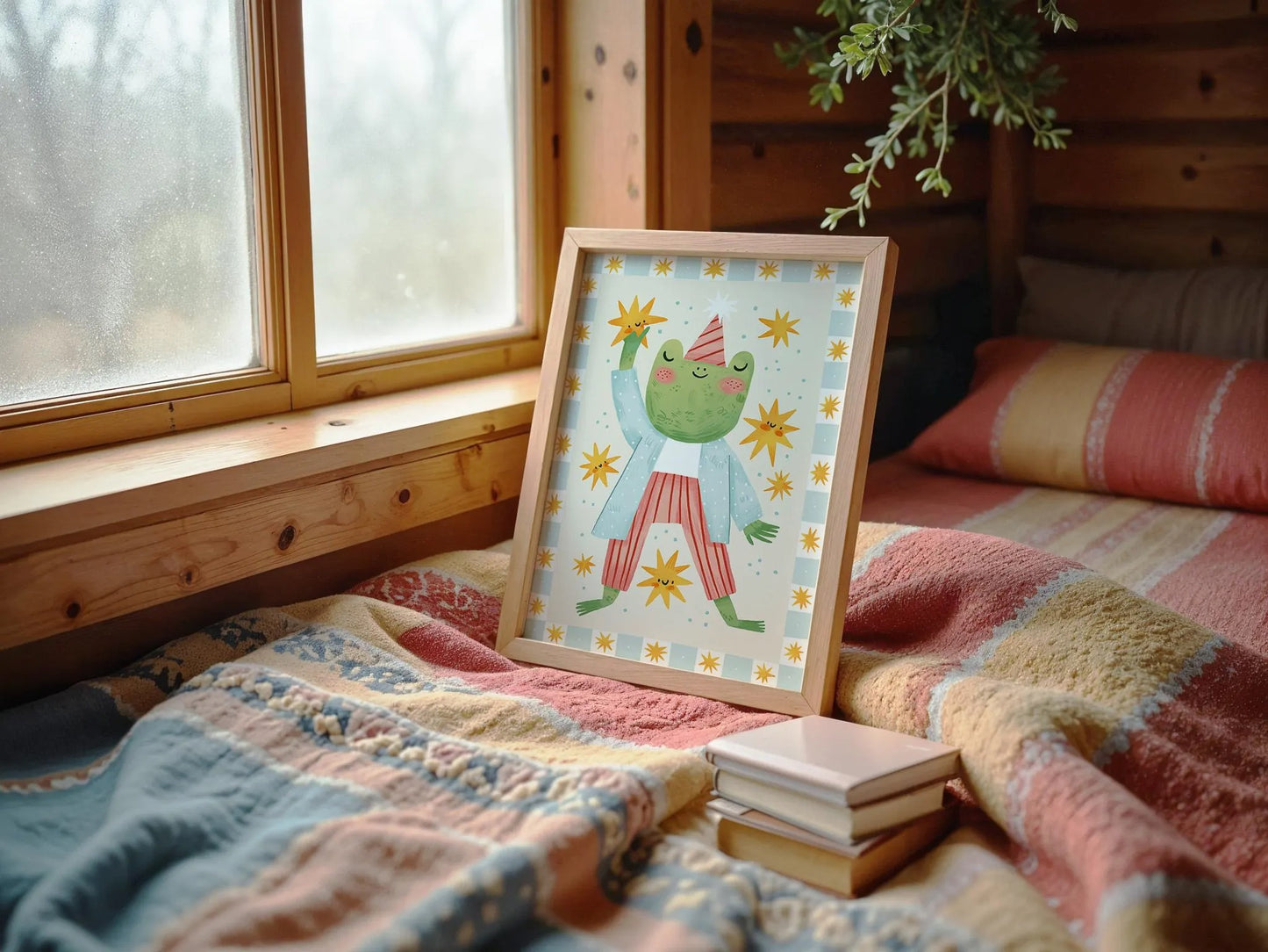 Frog With Stars Kids' Room Art Print, Colorful Unique Playroom Wall Decor